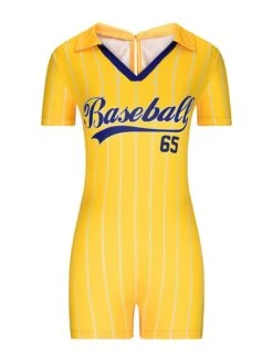 Women's Romper Baseball Workout Bodysuit Print Letter Shirt Collar Active Sport Daily Regular Fit Short Sleeve Black White Yellow XS S M Summer Fall Gym -Cheap Plus Fit Dress Store osufrv1690528587253