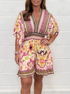 Women's Romper High Waist Print Floral V Neck Holiday Daily Party Vacation Regular Fit Half Sleeve Black Pink Blue S M L Summer Fall Beach -Cheap Plus Fit Dress Store osxfoc1690353194498