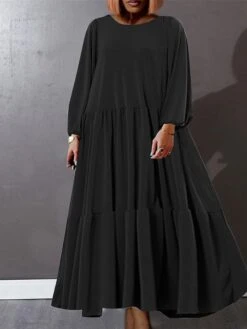 Women's Plus Size Curve Casual Dress Swing Dress A Line Dress Solid Color Long Dress Maxi Dress Long Sleeve Ruched Ruffle Crew Neck Basic Outdoor Black Blue Fall Winter L XL XXL 3XL 4XL -Cheap Plus Fit Dress Store otmxck1693446972893