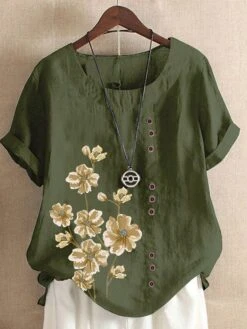 Women's Shirt Blouse White Pink Navy Blue Floral Button Print Short Sleeve Casual Holiday Basic Round Neck Regular Fit Floral -Cheap Plus Fit Dress Store otnvtz1690196187021