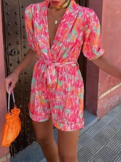 Women's Romper Lace Up Pocket Print V Neck Streetwear Street Daily Regular Fit Half Sleeve Red Purple S M L Summer -Cheap Plus Fit Dress Store otoozv1683534903018