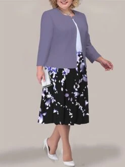 Women's Plus Size Curve Two Piece Dress Set Casual Dress Print Dress Outdoor Office Fashion Streetwear Print Midi Dress Crew Neck Long Sleeve Floral Black Light Green Blue Fall Winter L XL XXL -Cheap Plus Fit Dress Store otxflh1693295636680