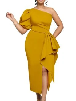 Women‘s Plus Size Curve Elegant Apple Shaped Dress Wedding Guest Party Dress Solid Color One Shoulder Short Sleeve Spring Fall Prom Dress Midi Dress Party Date Dress -Cheap Plus Fit Dress Store ouafty1658993469754