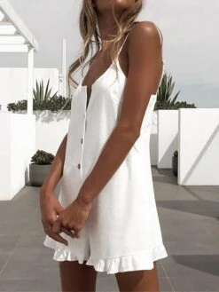 White Jumpsuits For Women Romper Ruffle Button Solid Color Crew Neck Streetwear Street Daily Regular Fit Spaghetti Strap Black Orange S M L Summer -Cheap Plus Fit Dress Store ouchqf1680073079671