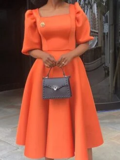 Women‘s Plus Size Curve Party Dress Solid Color Square Neck Short Sleeve Spring Fall Formal Prom Dress Midi Dress Party Going Out Dress -Cheap Plus Fit Dress Store oudmee1659089284150