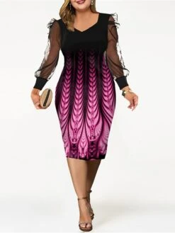 Women‘s Plus Size Curve Apple Shaped Dress Wedding Guest Work Dress Floral Square Neck Long Sleeve Winter Fall Fashion Elegant Modern Midi Dress Office Work Dress -Cheap Plus Fit Dress Store oueezn1671072135637