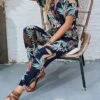 Women's Jumpsuit Print Floral V Neck Casual Street Daily Regular Fit Short Sleeve Navy Blue S M L Spring