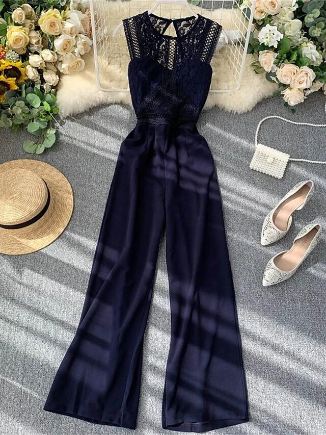 Women's Jumpsuit Lace Backless Solid Color Crew Neck Streetwear Street Going Out Regular Fit Sleeveless Black Yellow Wine One-Size Summer 2 Women's Jumpsuit Lace Backless Solid Color Crew Neck Streetwear Street Going Out Regular Fit Sleeveless Black Yellow Wine One-Size Summer - Image 2