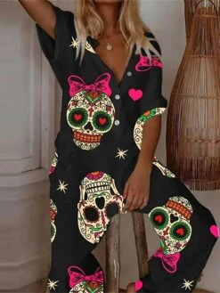 Women's Jumpsuit Halloween Skeleton Button Pocket Print V Neck Streetwear Street Daily Regular Fit Short Sleeve Black White Blue S M L Summer