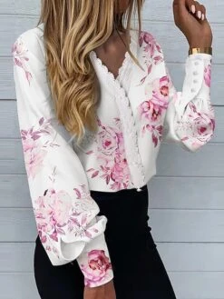 Women's Shirt Blouse Black White Pink Floral Heart Star Lace Button Lace Trims Long Sleeve Office Work Business Streetwear Casual V Neck Regular Fit Floral Spring Fall