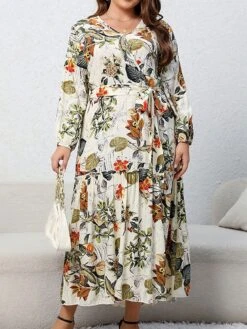 Women's Casual Dress Swing Dress Print Dress Leaf Floral Ruffle Print V Neck Long Dress Maxi Dress Fashion Streetwear Outdoor Daily Long Sleeve Regular Fit Blue Apricot Fall Winter XL XXL 3XL 4XL -Cheap Plus Fit Dress Store ouxkud1697539483055