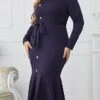 Women‘s Plus Size Curve Work Dress Sheath Dress Semi Formal Dress Fashion Midi Dress Lace Up Ruffle Crew Neck Long Sleeve Plain Regular Fit Navy Blue Spring Fall XL XXL 3XL 4XL