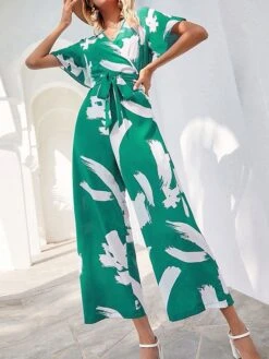 Women's Jumpsuit Lace Up Geometric V Neck Streetwear Daily Vacation Regular Fit Short Sleeve Green S M L Spring