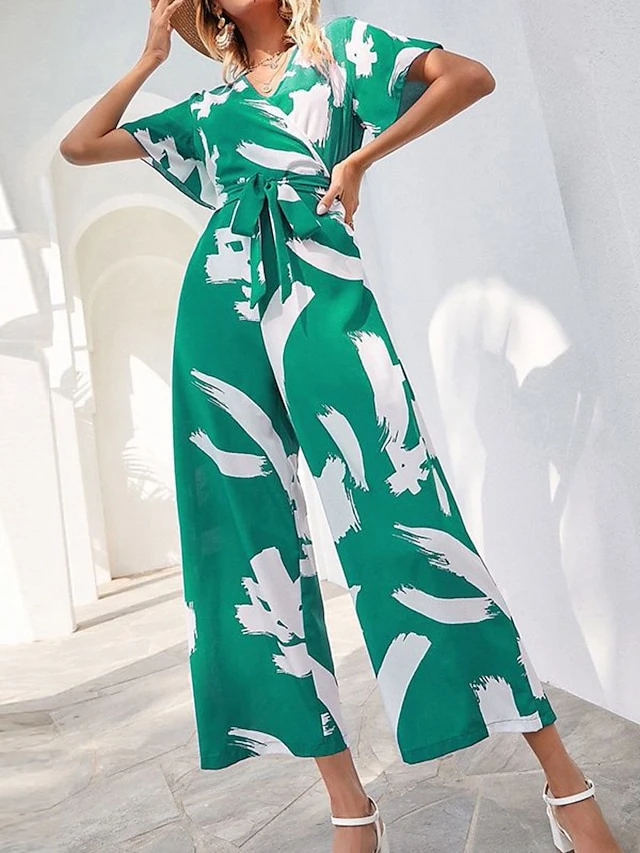 Women's Jumpsuit Lace Up Geometric V Neck Streetwear Daily Vacation Regular Fit Short Sleeve Green S M L Spring 1 Women's Jumpsuit Lace Up Geometric V Neck Streetwear Daily Vacation Regular Fit Short Sleeve Green S M L Spring