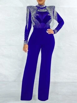 Women's Jumpsuit High Waist Tassel Solid Color Stand Collar Elegant Party Regular Fit Long Sleeve Green Blue Fuchsia S M L Winter -Cheap Plus Fit Dress Store oweavu1665571022195