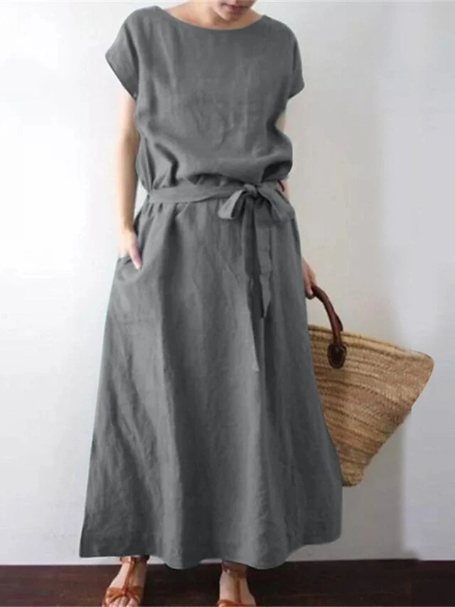 Women's Casual Dress Cotton Linen Dress Swing Dress Maxi Long Dress Cotton Blend Casual Boho Outdoor Daily Holiday Boat Neck Lace Up Pocket Short Sleeve Summer Spring 2023 Loose Fit Black Green Dark 3 Women's Casual Dress Cotton Linen Dress Swing Dress Maxi Long Dress Cotton Blend Casual Boho Outdoor Daily Holiday Boat Neck Lace Up Pocket Short Sleeve Summer Spring 2023 Loose Fit Black Green Dark - Image 3