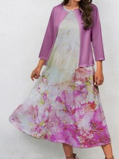 Women's Two Piece Dress Set Casual Dress Swing Dress Outdoor Office Fashion Streetwear Print Midi Dress Crew Neck 3/4 Length Sleeve Floral Ombre Regular Fit Pink Blue Purple Fall Winter S M L XL XXL -Cheap Plus Fit Dress Store owfsqt1697681158237