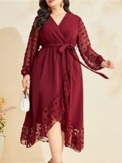 Women's Plus Size Prom Dress Party Dress Wedding Guest Dress Long Dress Maxi Dress Wine Long Sleeve Pure Color Lace Up Fall Winter Autumn V Neck Fashion Winter Dress Wedding Guest Evening Party Loose -Cheap Plus Fit Dress Store owmeue1693205396661