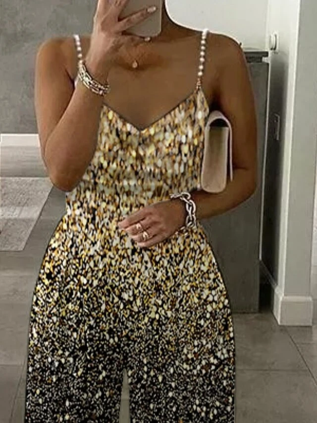 Women's Jumpsuit High Waist Gradient V Neck Elegant Daily Holiday Straight Regular Fit Spaghetti Strap Gold S M L Spring 2 Women's Jumpsuit High Waist Gradient V Neck Elegant Daily Holiday Straight Regular Fit Spaghetti Strap Gold S M L Spring - Image 2