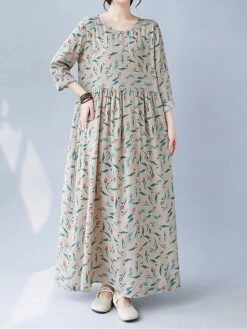 Women's Casual Dress Linen Dress Swing Dress Maxi Long Dress Linen Fashion Modern Outdoor Daily Holiday Crew Neck Print Long Sleeve Fall Winter Autumn 2023 Loose Fit Apricot Flower L XL 2XL -Cheap Plus Fit Dress Store owthnx1693553160443