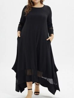 Women‘s Plus Size Curve Casual Dress Pure Color Crew Neck 3/4 Length Sleeve Spring Fall Casual Maxi Long Dress Daily Vacation Dress Black Dress