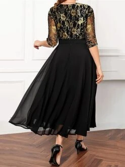 Women's Plus Size Curve Party Dress Chiffon Dress Swing Dress Floral Long Dress Maxi Dress 3/4 Length Sleeve Mesh Patchwork V Neck Fashion Party Black Fall Winter L XL XXL 3XL 4XL -Cheap Plus Fit Dress Store oxbark1694487742047