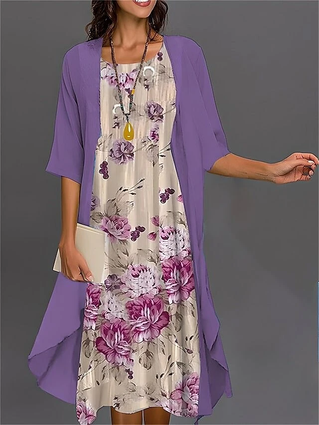 Women's Two Piece Dress Set Casual Dress Chiffon Dress Outdoor Daily Fashion Streetwear Print Midi Dress Crew Neck Half Sleeve Floral Ombre Regular Fit Pink Blue Purple Fall Winter S M L XL XXL 3 Women's Two Piece Dress Set Casual Dress Chiffon Dress Outdoor Daily Fashion Streetwear Print Midi Dress Crew Neck Half Sleeve Floral Ombre Regular Fit Pink Blue Purple Fall Winter S M L XL XXL - Image 3