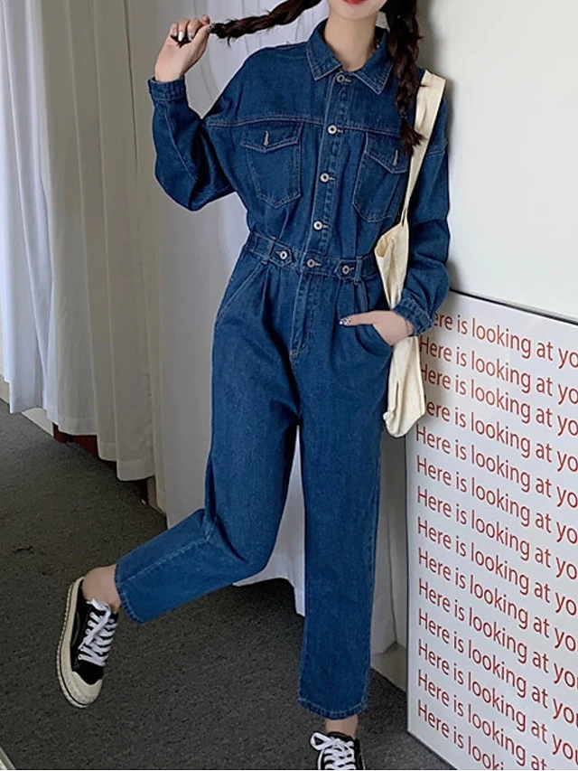 Women's Jumpsuit Button High Waist Solid Color Shirt Collar Streetwear Street Going Out Regular Fit Long Sleeve Blue S M L Winter 7 Women's Jumpsuit Button High Waist Solid Color Shirt Collar Streetwear Street Going Out Regular Fit Long Sleeve Blue S M L Winter - Image 7