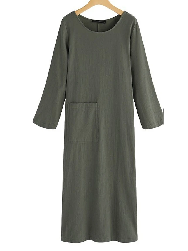 Women's Casual Dress Cotton Linen Dress Midi Dress Cotton Blend Basic Casual Outdoor Daily Vacation Crew Neck Pocket Long Sleeve Summer Spring Fall 2023 Loose Fit Black Wine Navy Blue Plain S M L XL 2 Women's Casual Dress Cotton Linen Dress Midi Dress Cotton Blend Basic Casual Outdoor Daily Vacation Crew Neck Pocket Long Sleeve Summer Spring Fall 2023 Loose Fit Black Wine Navy Blue Plain S M L XL - Image 2