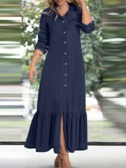 Women's Shirt Dress Casual Dress Maxi Long Dress Outdoor Daily Cotton Fashion Casual Shirt Collar Ruffle Button Long Sleeve Summer Spring Fall 2023 Regular Fit Navy Blue Blue Plain S M L XL XXL -Cheap Plus Fit Dress Store oxuhwg1688023846385