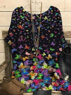 Women's Plus Size T Shirt Tee Black Blue Purple Graphic Polka Dot Butterfly Print Short Sleeve Daily Going Out Weekend Punk & Gothic Round Neck Regular Fit Dolman Sleeve Summer Spring -Cheap Plus Fit Dress Store oxwxfp1652682213442