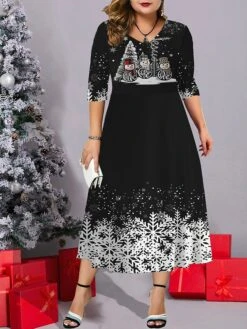 Women's Christmas Plus Size Curve Casual Dress Work Dress Swing Dress Elk Snowman Midi Dress Half Sleeve Pocket Print V Neck Fashion Outdoor Black White Fall Winter L XL XXL 3XL 4XL