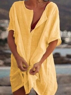 Women's Casual Dress Shirt Dress Cotton Linen Dress Mini Dress Blue Purple Pink Short Sleeve Pure Color Spring Summer V Neck Beach Basic Daily Weekend Loose Fit Linen S M L XL XXL 3XL -Cheap Plus Fit Dress Store oyfmzb1639988519747