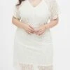Women's Plus Size Party Dress Lace Dress Cocktail Dress Midi Dress White Short Sleeve Pure Color Lace Spring Fall Winter V Neck Fashion Birthday Wedding Guest Vacation 2023 XL XXL 3XL 4XL