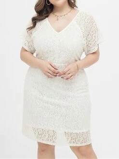 Women's Plus Size Party Dress Lace Dress Cocktail Dress Midi Dress White Short Sleeve Pure Color Lace Spring Fall Winter V Neck Fashion Birthday Wedding Guest Vacation 2023 XL XXL 3XL 4XL