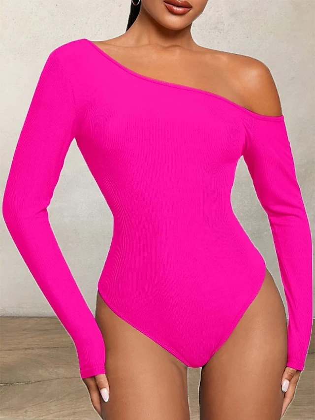 Women's Bodysuit High Waist Solid Color Off Shoulder Streetwear Street Daily Regular Fit Long Sleeve Black White Wine S M L Fall 3 Women's Bodysuit High Waist Solid Color Off Shoulder Streetwear Street Daily Regular Fit Long Sleeve Black White Wine S M L Fall - Image 3