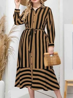 Women's Plus Size Curve Shirt Dress Casual Dress Midi Dress Outdoor Daily Vacation Polyester Fashion Classic Shirt Collar Lace Up Button Long Sleeve Spring Fall Winter Loose Fit Yellow Striped L XL -Cheap Plus Fit Dress Store oylyok1693210760523