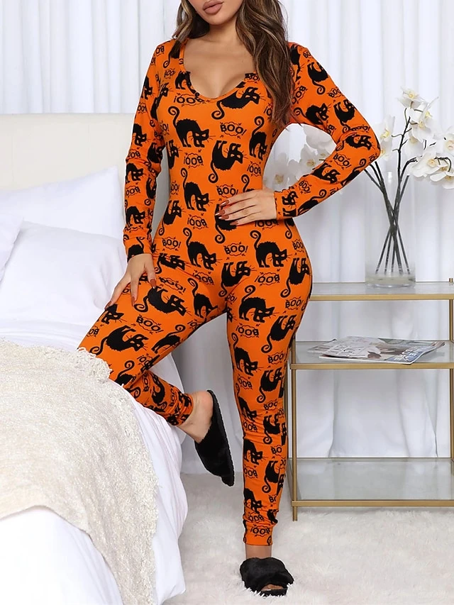 Women's Jumpsuit Halloween Pumpkin High Waist Print Animal V Neck Active Sport Daily Regular Fit Long Sleeve Black White Yellow S M L Summer 7 Women's Jumpsuit Halloween Pumpkin High Waist Print Animal V Neck Active Sport Daily Regular Fit Long Sleeve Black White Yellow S M L Summer - Image 7