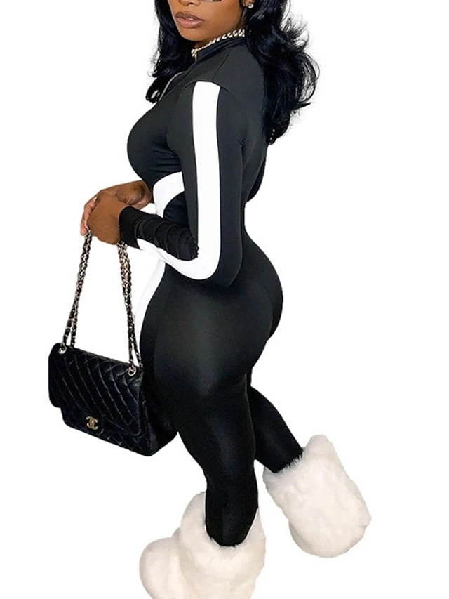 Women's Catsuit Zipper Striped Stand Collar Active Sport Daily Regular Fit Short Sleeve Blue Red Black S M L Spring 4 Women's Catsuit Zipper Striped Stand Collar Active Sport Daily Regular Fit Short Sleeve Blue Red Black S M L Spring - Image 4