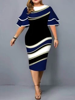 Women‘s Plus Size Curve Work Dress Bodycon Sheath Dress Color Block Midi Dress Half Sleeve Ruffle Crew Neck Fashion Outdoor Wine Red Fall Spring XL XXL 3XL 4XL 5XL -Cheap Plus Fit Dress Store ozcojg1673251734324