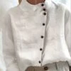 Women's Shirt Blouse Cotton White Sky Blue Khaki Plain Button Long Sleeve Casual Daily Standing Collar Loose Fit Autumn / Fall Spring & Summer