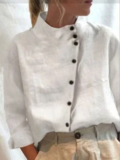 Women's Shirt Blouse Cotton White Sky Blue Khaki Plain Button Long Sleeve Casual Daily Standing Collar Loose Fit Autumn / Fall Spring & Summer