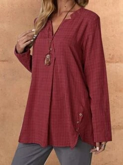Women's Shirt Blouse Cotton Red Plaid Button Print Long Sleeve Casual Fashion V Neck Regular Fit Spring &Fall -Cheap Plus Fit Dress Store ozqsai1696749694200
