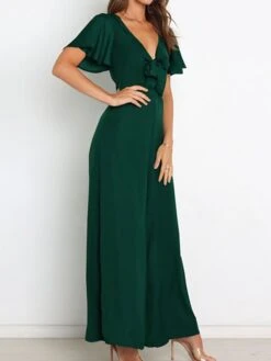 Women's Jumpsuit Ruffle Backless Solid Color V Neck Streetwear Street Daily Regular Fit Short Sleeve Green Wine Navy Blue S M L Spring / Bow -Cheap Plus Fit Dress Store paaqxx1647857553989