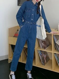 Women's Jumpsuit Button High Waist Solid Color Shirt Collar Streetwear Street Going Out Regular Fit Long Sleeve Blue S M L Winter 20 Women's Jumpsuit Button High Waist Solid Color Shirt Collar Streetwear Street Going Out Regular Fit Long Sleeve Blue S M L Winter -Cheap Plus Fit Dress Store padsbl1666761194534