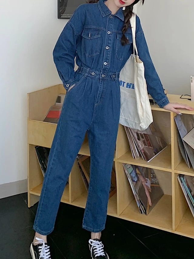 Women's Jumpsuit Button High Waist Solid Color Shirt Collar Streetwear Street Going Out Regular Fit Long Sleeve Blue S M L Winter 8 Women's Jumpsuit Button High Waist Solid Color Shirt Collar Streetwear Street Going Out Regular Fit Long Sleeve Blue S M L Winter - Image 8