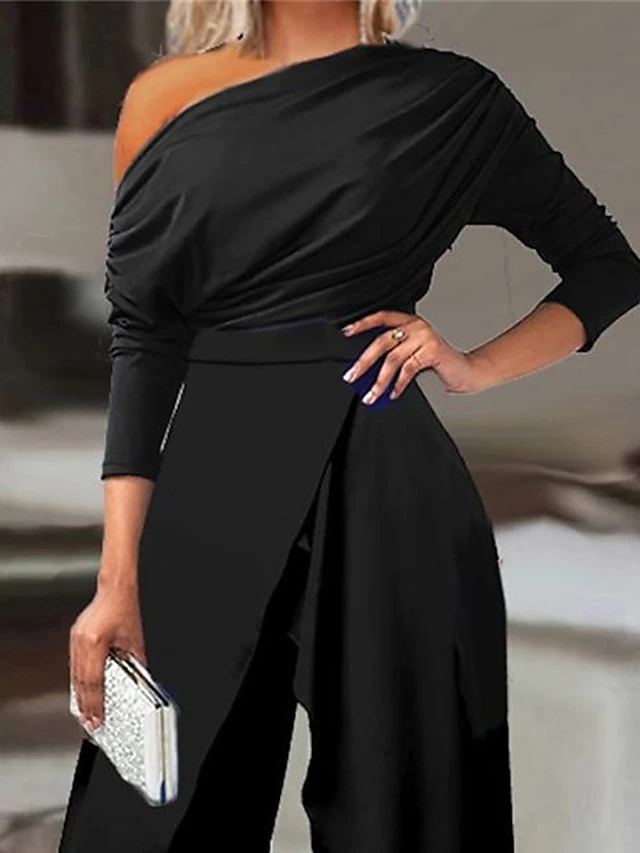 Women's Jumpsuit Split High Waist Solid Color Cold Shoulder Elegant Party Prom Regular Fit 3/4 Length Sleeve Black S M L Fall Cold Weather 2 Women's Jumpsuit Split High Waist Solid Color Cold Shoulder Elegant Party Prom Regular Fit 3/4 Length Sleeve Black S M L Fall Cold Weather - Image 2