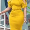 Women‘s Plus Size Curve Party Dress Solid Color V Neck Short Sleeve Spring Fall Work Formal Midi Dress Party Date Dress
