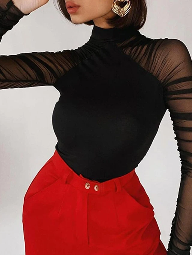 Women's Bodysuit Mesh Solid Color Crew Neck Streetwear Street Daily Regular Fit Long Sleeve Black S M L Spring 7 Women's Bodysuit Mesh Solid Color Crew Neck Streetwear Street Daily Regular Fit Long Sleeve Black S M L Spring - Image 7