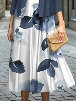 Women's Two Piece Dress Set Casual Dress Swing Dress Outdoor Office Fashion Streetwear Print Midi Dress Crew Neck 3/4 Length Sleeve Leaf Floral Regular Fit Blue Fall Winter S M L XL XXL -Cheap Plus Fit Dress Store pbbiux1697187279503